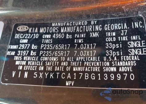 2011 Kia Sorento Lx из США, поврежденный, VIN 5XYKTCA17BG139970